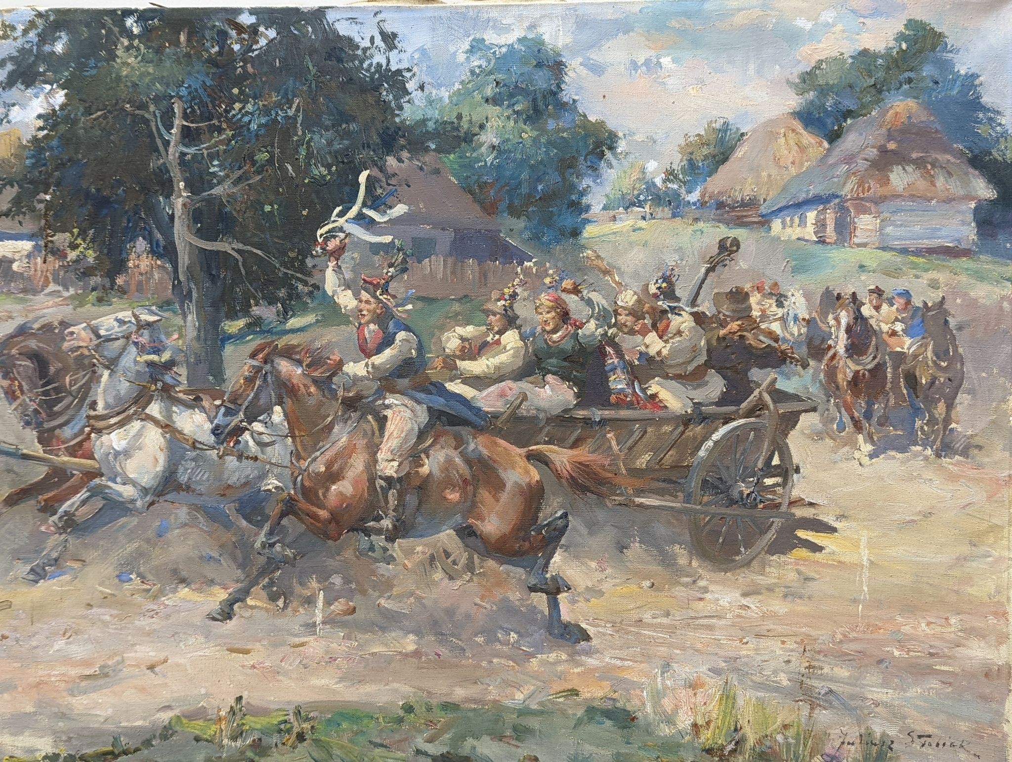 Juliusz Slabiak (Polish, 1917-1973), two oils on canvas, Wedding party in a cart and Troika, signed, 69 x 50cm and 74 x 55cm